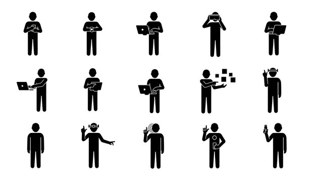 Collection of stick figures interacting with technology like laptops phones and virtual reality gear silhouette