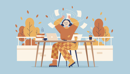 Frustrated woman experiencing professional burnout while working remotely in an autumn setting