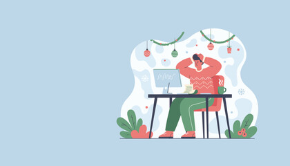 Overwhelmed man working at a computer during the stressful holiday season Deadline pressure