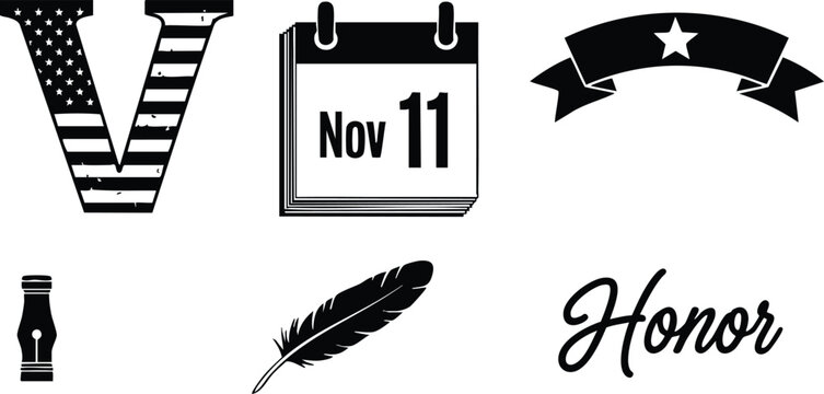 Vector art set with american flag letter v calendar date november eleven ribbon banner feather pen nib and script word honor for veterans day - Powered by Adobe