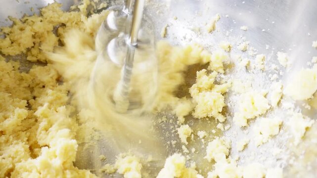 Close-up of a mixer blending butter and sugar