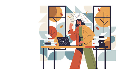 Stressed businesswoman overwhelmed by huge paper piles and deadlines in a modern office setting