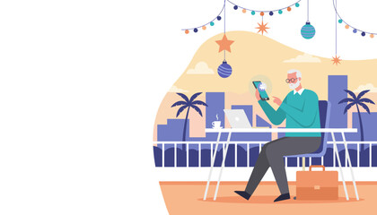 Senior man using smartphone and laptop outdoors in a tropical city working remotely during the holidays