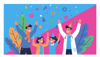 Diverse team celebrating professional success and achievement with confetti money and party hats