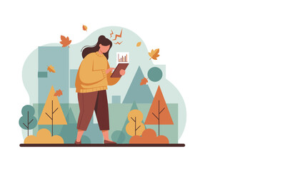 Woman analyzing data on a tablet in an autumn city park illustration