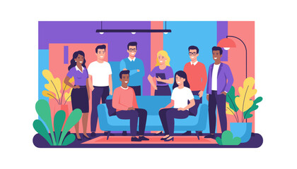 Diverse team collaboration in a modern office lounge Happy professionals networking