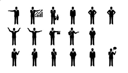 Collection of business people in various poses and actions in black silhouette on a white background