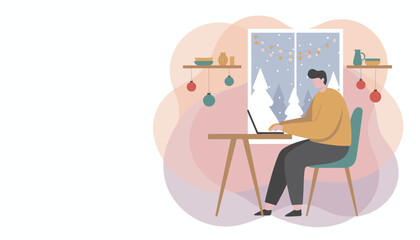Working remotely indoors during winter holidays Man using laptop by festive snowy window