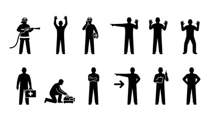 Collection of silhouette icons depicting various professions and actions in a vector graphic style