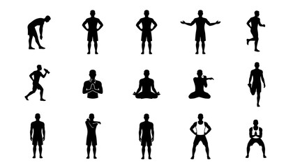 Collection of silhouette figures depicting various exercise and yoga poses on a white background