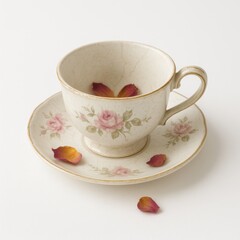 Empty old porcelain tea cup with faded floral pattern and fine hairline crack resting on matching saucer with loose dried rose petals