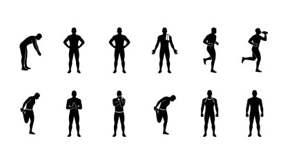 Silhouette illustrations of men in various poses doing exercises and fitness activities on a white background