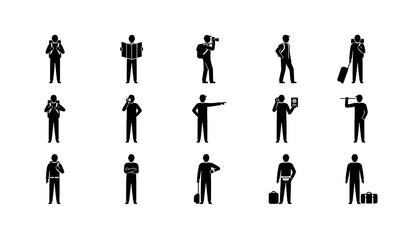 Illustration of various black silhouette stick figures engaged in different travel related activities