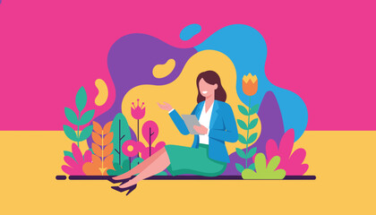 Professional woman uses tablet in vibrant flat design floral landscape