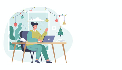 Happy woman working remotely on laptop waving during a holiday video call in a festive home office