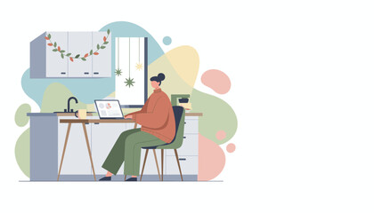 Remote work setup Woman uses laptop at home desk in cozy modern interior