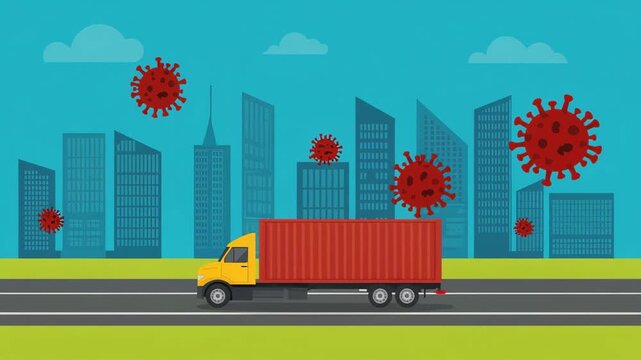 Delivery Truck Driving in City with Red Virus Cells Floating Pandemic Supply Chain Concept