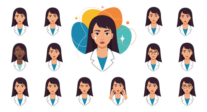 A creation set of a female doctor or scientist character with a wide range of different facial expressions, emotions, and diverse portraits.