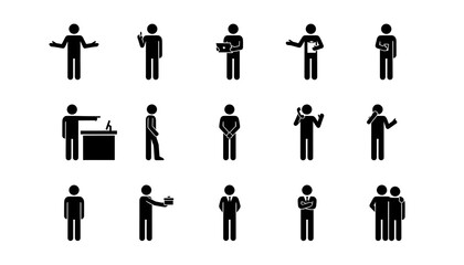 Collection of stick figure people in various poses and actions on a white background in a flat design silhouette