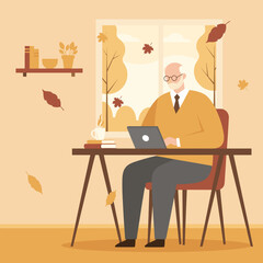 Cozy autumn teleworking senior man uses laptop near window with fall leaves