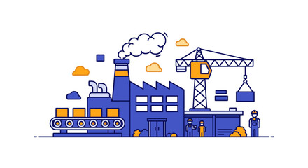 Production factory graphic with construction crane conveyor and logistics workers