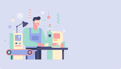 Happy worker using production line machinery in a winter holiday factory setting