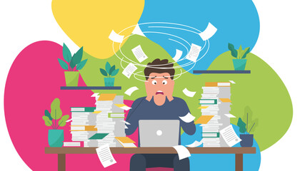Man feeling overwhelmed by work overload and swirling documents at the desk
