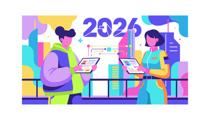Man and woman planning for 2026 using tablets in a colorful modern business setting