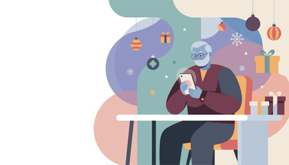 Grandfather using smartphone for holiday shopping or connecting surrounded by festive gifts and decorations