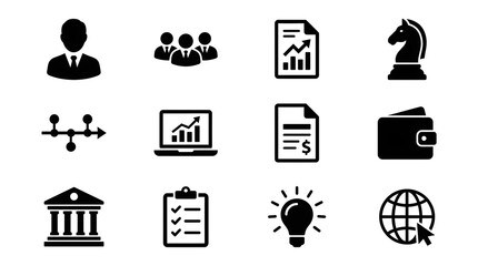 Collection of business and finance icons including team chart strategy and global network symbol