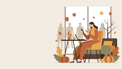Woman using smartphone in cozy autumn interior with pumpkins and falling leaves Remote worklifestyle