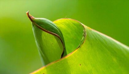 Close-up of unfurling vibrant green leaf with reddish edges against blurred foliage