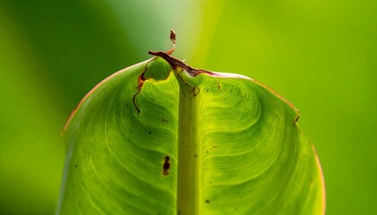 Close-up of a curled green leaf with intricate patterns, illuminated by sunlight