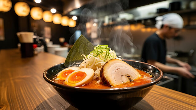 Spicy ramen bowl with pork belly soft boiled egg and green onions shot in authentic Japanese ramen shop with steamy atmosphere