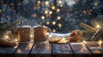 Warm Cozy Christmas Scene with Mug Cookies and Pine Branches with Bokeh Lights