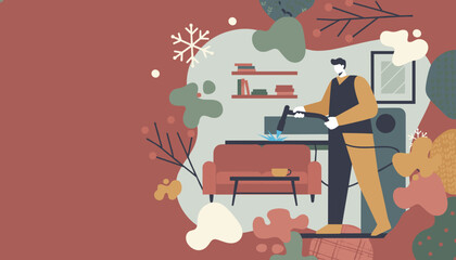 Home DIY project man welding in a living room Cozy flat illustration with winter themes