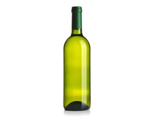 A tall, slender, clear glass bottle with a green cap and foil filled with a bright, transparent liquid, on a white backdrop