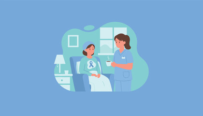 Compassionate nurse assists smiling patient with awareness ribbon symbolizing cancer recovery or chronic illness care