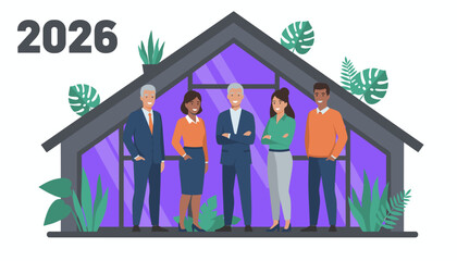 Diverse business team focused on future 2026 goals standing outside a modern sustainable building