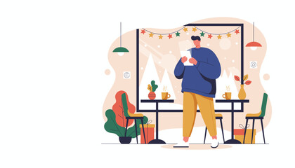 Man reads on a cozy winter day in a cafe with festive decor and hot drinks Relaxing lifestyle