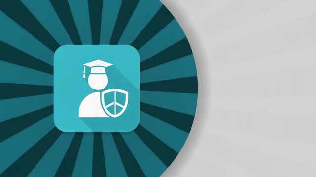 Educational Security Concept Icon Featuring Graduate Silhouette with Shield on Blue Sunburst Background