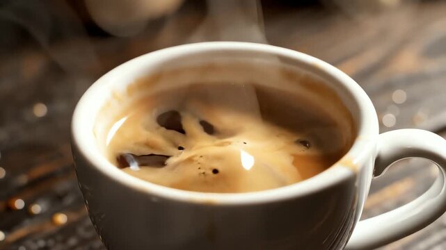 Piece of Brown Sugar Falling into a Fresh Hot Espresso Coffee Cup, Illustrating Sweetening and Dynamic Motion.