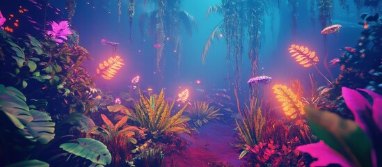 Enchanting neon-lit tropical forest path.