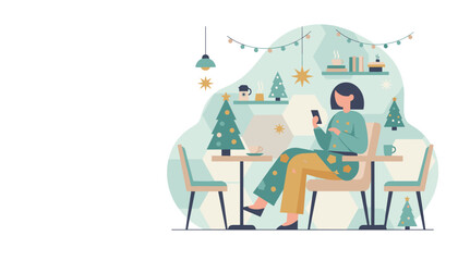 Woman using smartphone in a cozy cafe decorated for Christmas holidays Festive digital communication