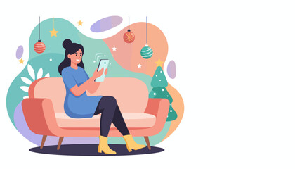 Happy woman relaxes on sofa using her phone near holiday decorations Communication and festive leisure