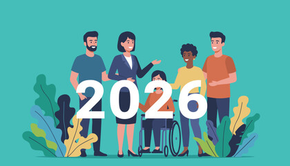Happy diverse team welcoming the year 2026 Unity inclusion and future celebration graphic