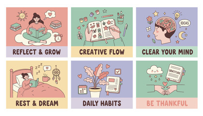 Six selfcare illustrations creative flow reflection gratitude rest clear mind and daily habits