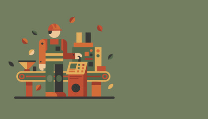 Flat design illustration of factory worker operating industrial machinery Production and automation concept