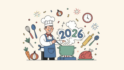 Chef prepares festive New Year 2026 meal with roasted poultry and vegetables Holiday food celebration