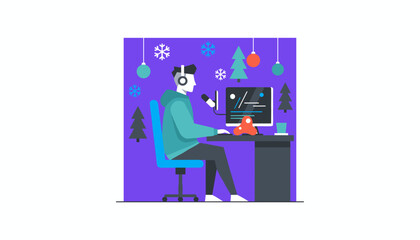 Winter podcasting or streaming illustration Content creator working at desk with festive holiday decor